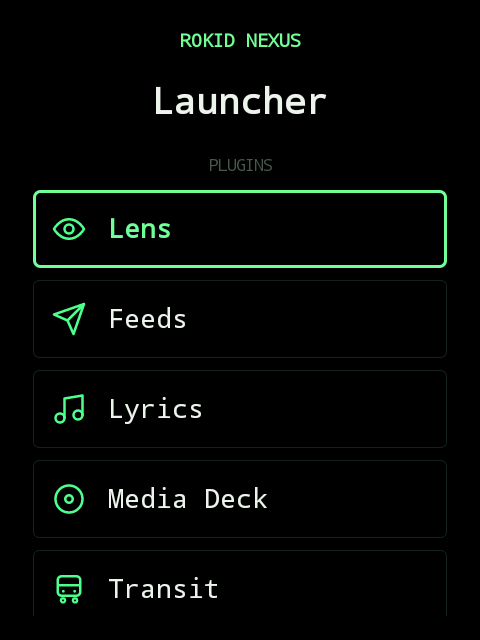 The Nexus launcher on the glasses HUD, listing installed plugins in green monochrome
