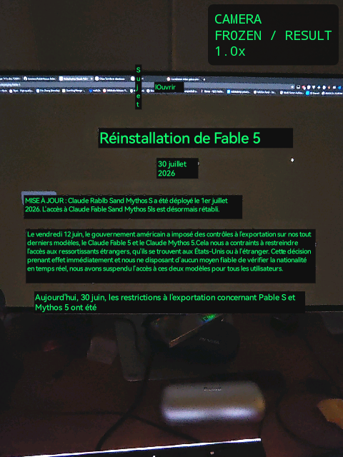 Lens freeze mode showing a full-resolution still with the translated result