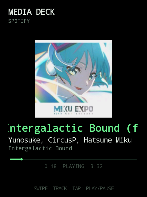 The Media Deck plugin showing album art, track title, and transport controls