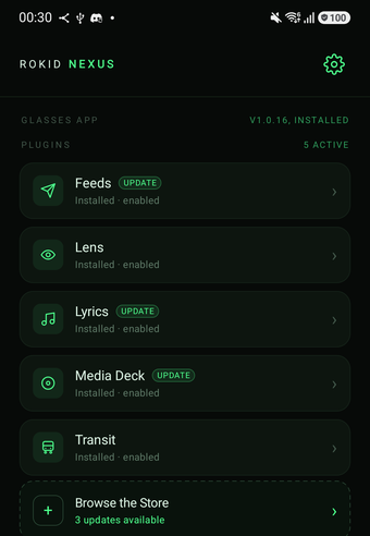 The Nexus phone app home screen, listing installed plugins with update badges