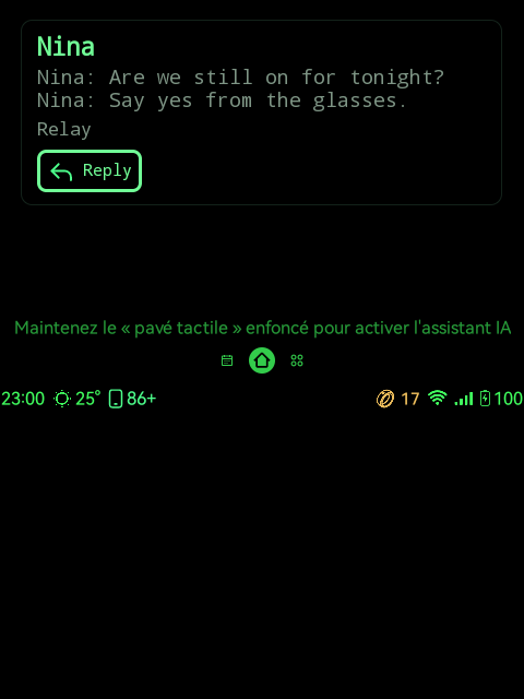 A Relay notice band over the glasses home screen showing a two-message thread with a Reply action