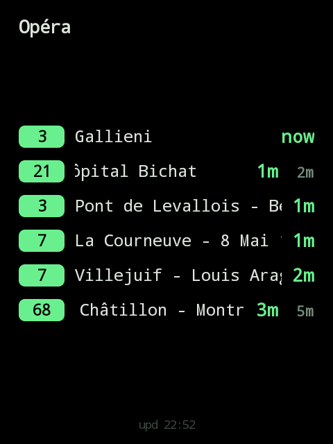 The Transit plugin showing nearby stops and live departure countdowns
